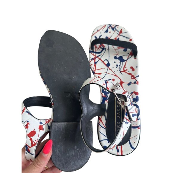 MARC JACOBS Paint Splatter White Blue Red Leather Sandals Size 7.5 / 37.5 - Picture 7 of 7